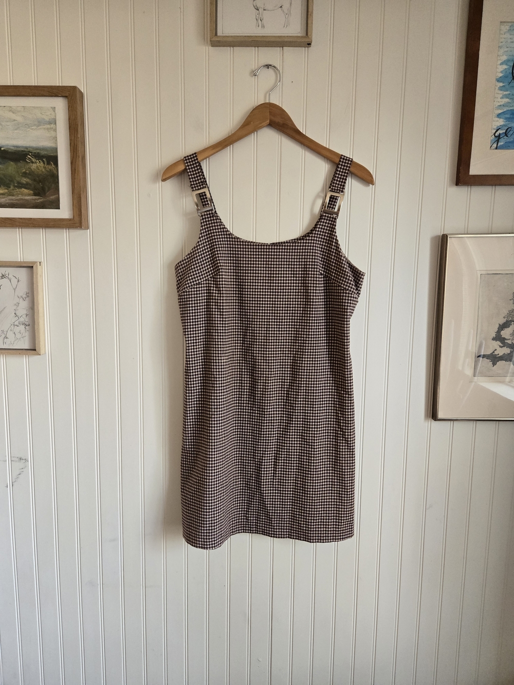 Vintage Brown Gingham Strap Retro Mini Dress